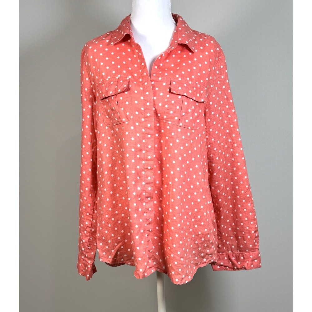 Charter Club Luxury Linen Shirt Womens M Coral Polka Dot Tab Sleeve Button Up - Picture 1 of 10